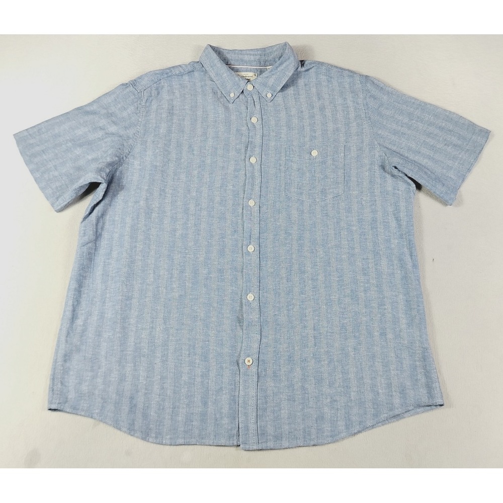 Weatherproof Vintage Shirt Mens 2XL Blue Stripe Linen Cotton Short Sleeve Casual
